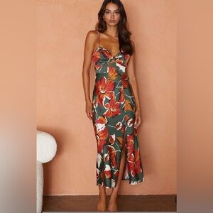 Selfie Leslie Missoula Cami Strap Padded Bust Midi Dress Floral Print Green